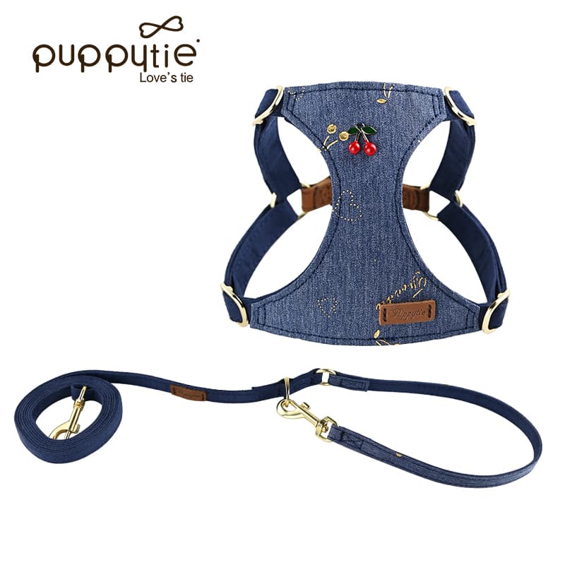 犬 ハーネス さくらんぼ刺繍付き デニム調ハーネス