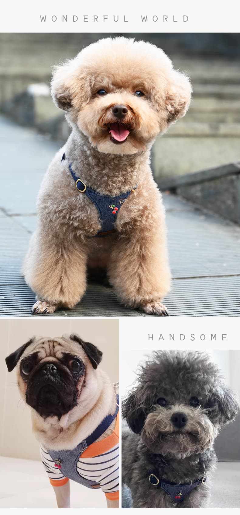 犬 ハーネス さくらんぼ刺繍付き デニム調ハーネス